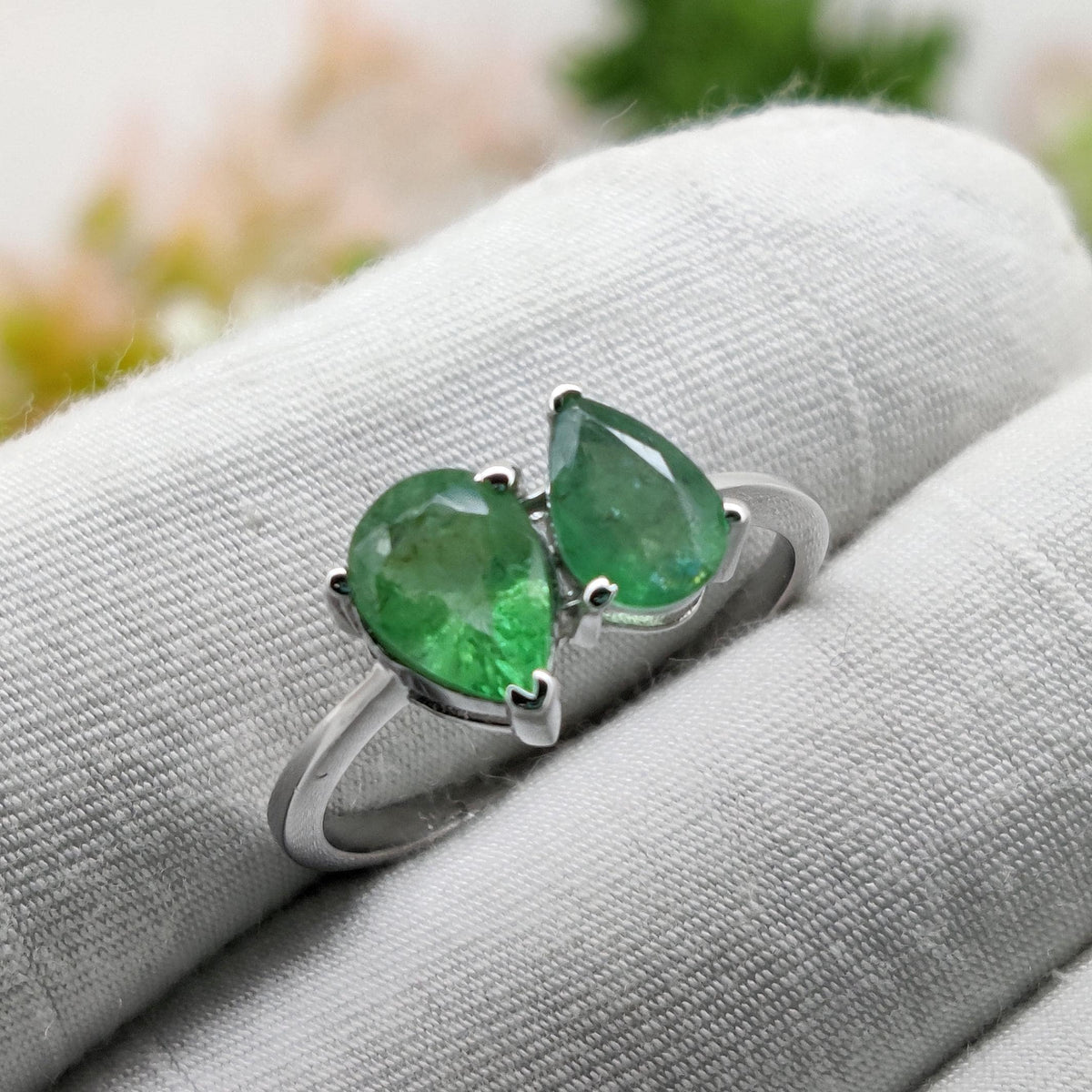 Natural Emerald Sterling Silver Ring, Toi Et Moi Ring, May  Birthstone