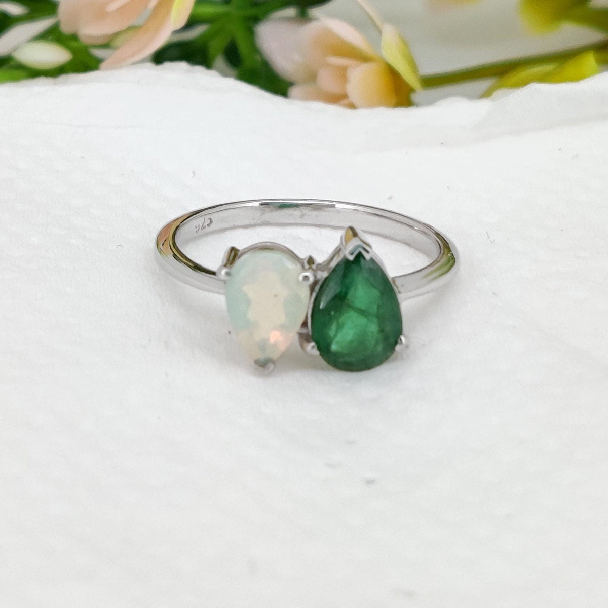 Emerald & Opal Sterling Silver Ring, Pear Cut Band Jewelry, May  Birthstone