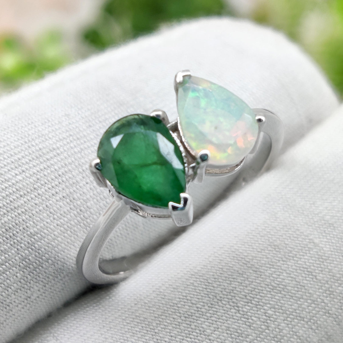 Emerald & Opal Sterling Silver Ring, Pear Cut Band Jewelry, May  Birthstone