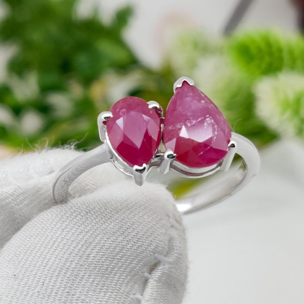 Pear Cut Ruby Ring, Sterling Silver, Double Gemstone, July Birthstone