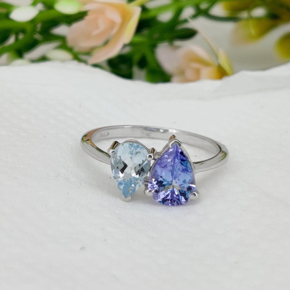 Tanzanite & Aquamarine Ring, 925 Sterling Silver, Multi Stone Band Jewelry, Birthstone Gift