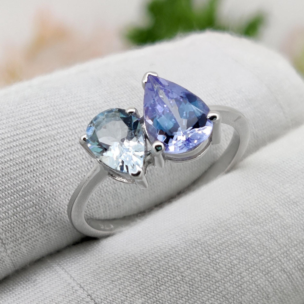 Tanzanite & Aquamarine Ring, 925 Sterling Silver, Multi Stone Band Jewelry, Birthstone Gift