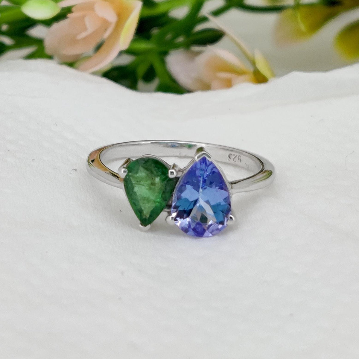 Tanzanite & Emerald Ring, 925 Sterling Silver, Multi Stone Band Jewelry, Birthstone Gift