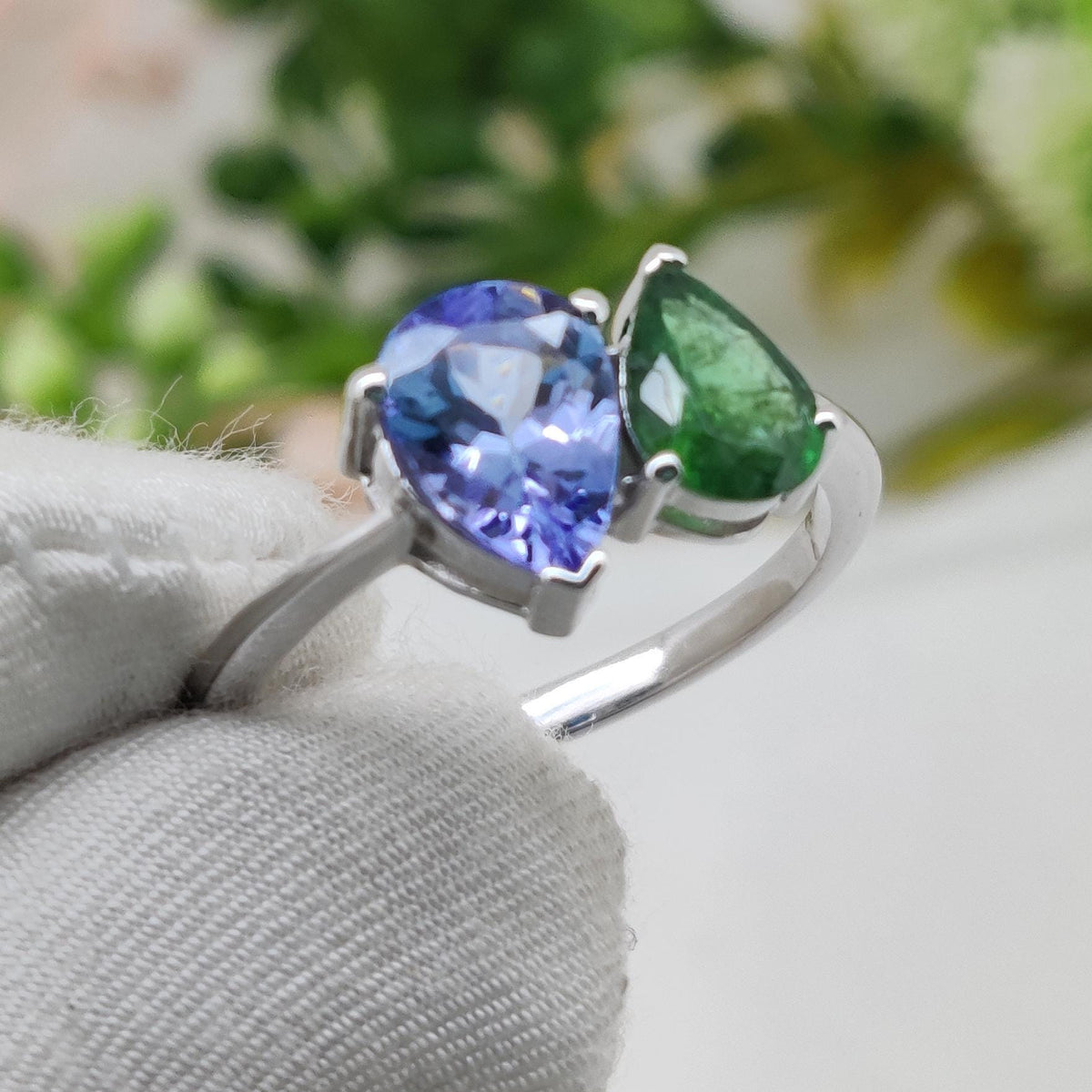 Tanzanite & Emerald Ring, 925 Sterling Silver, Multi Stone Band Jewelry, Birthstone Gift