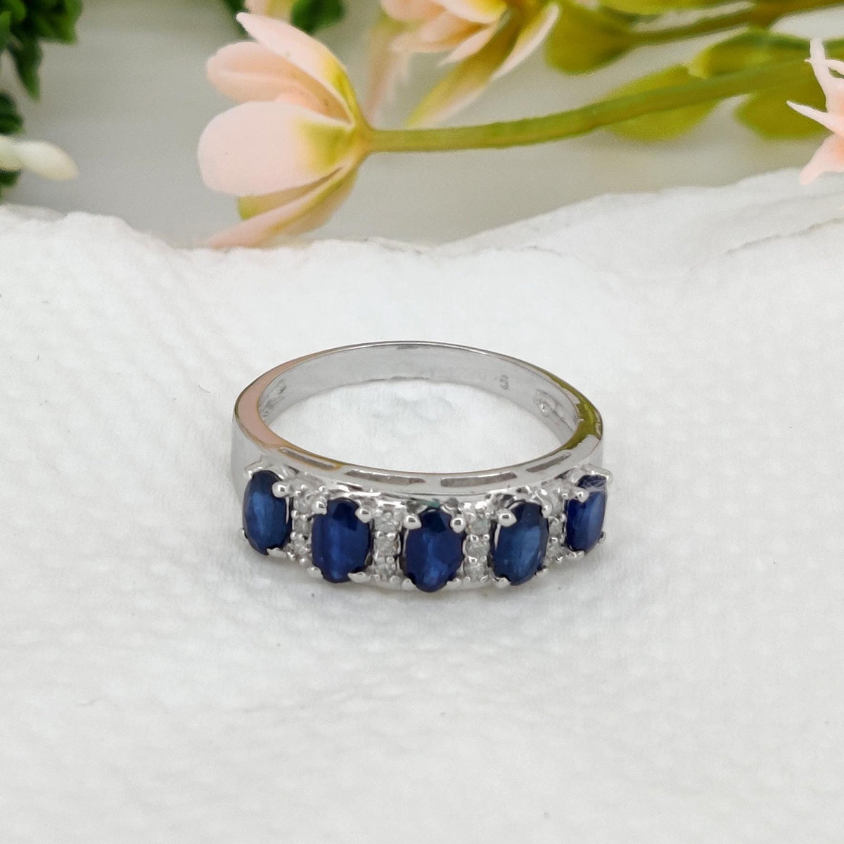 Natural Blue Sapphire Ring, Sterling Silver, Oval Gemstone Stacking Band, Sapphire Jewelry, September Birthstone