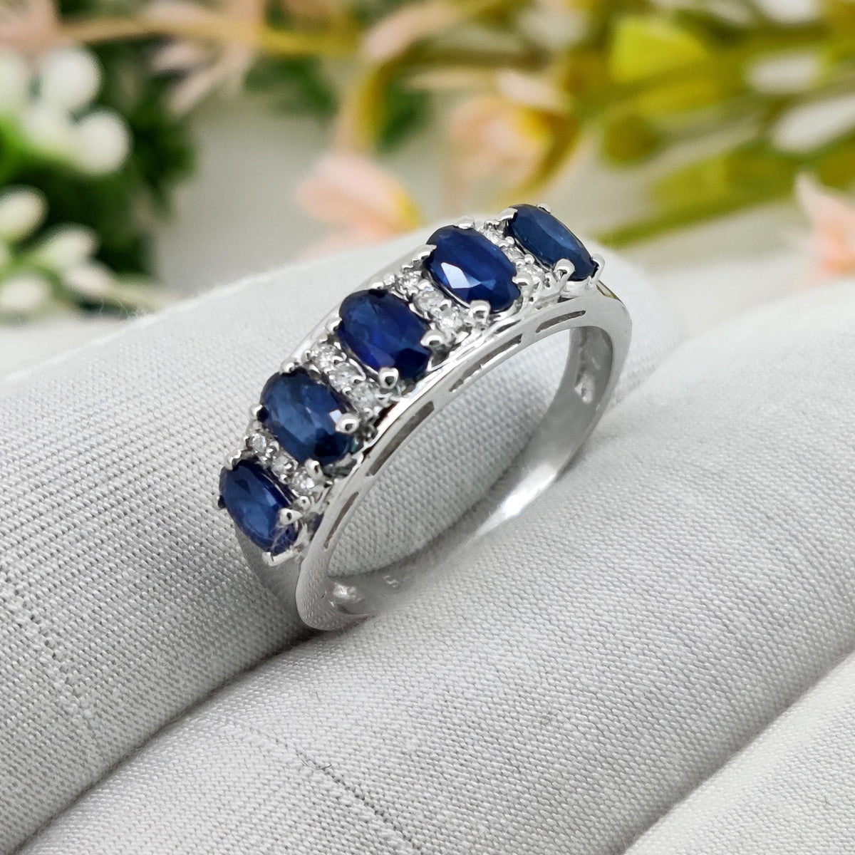 Natural Blue Sapphire Ring, Sterling Silver, Oval Gemstone Stacking Band, Sapphire Jewelry, September Birthstone
