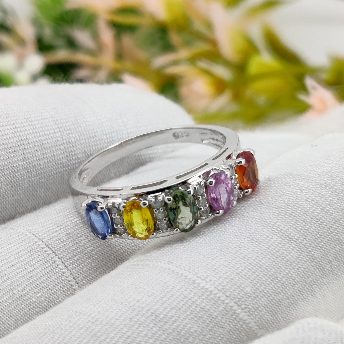 Multi Sapphire Ring, 925 Sterling Silver, Oval Gemstone Stacking Band, Sapphire Jewelry, September Birthstone