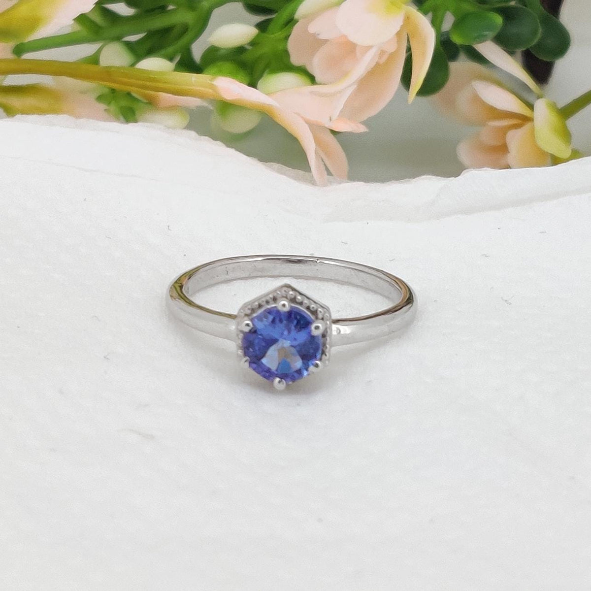 Round Cut Tanzanite Sterling Silver Solitaire Ring, Natural Blue December Birthstone