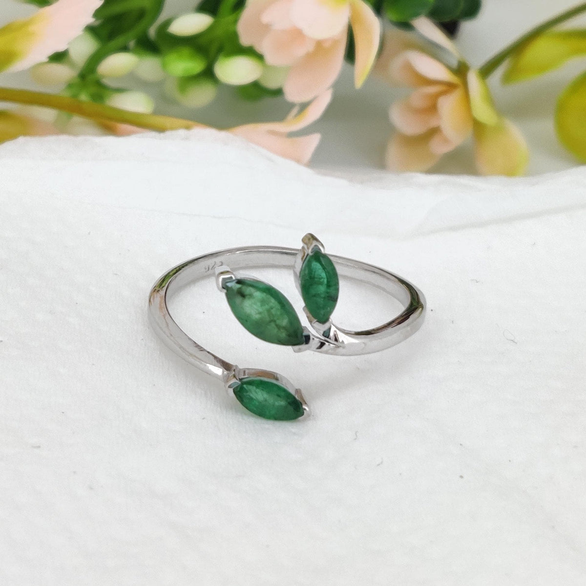 Natural Emerald Marquise Sterling Silver Bypass Ring, May Birthstone Gift