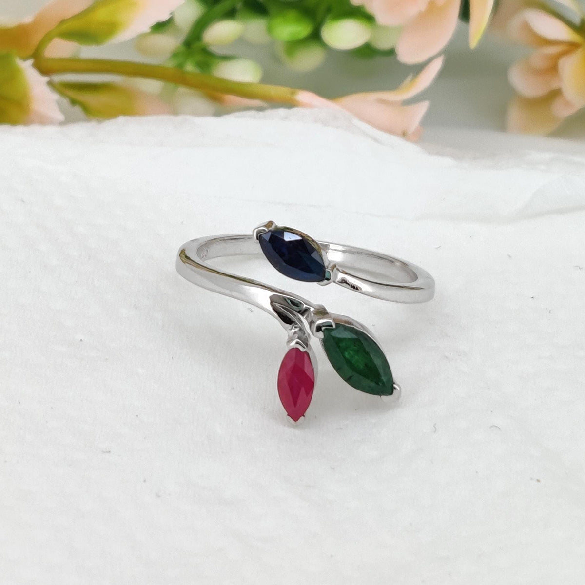 Sterling Silver Marquise Gemstone Ring, Ruby Emerald Sapphire Three Stone Open Ring