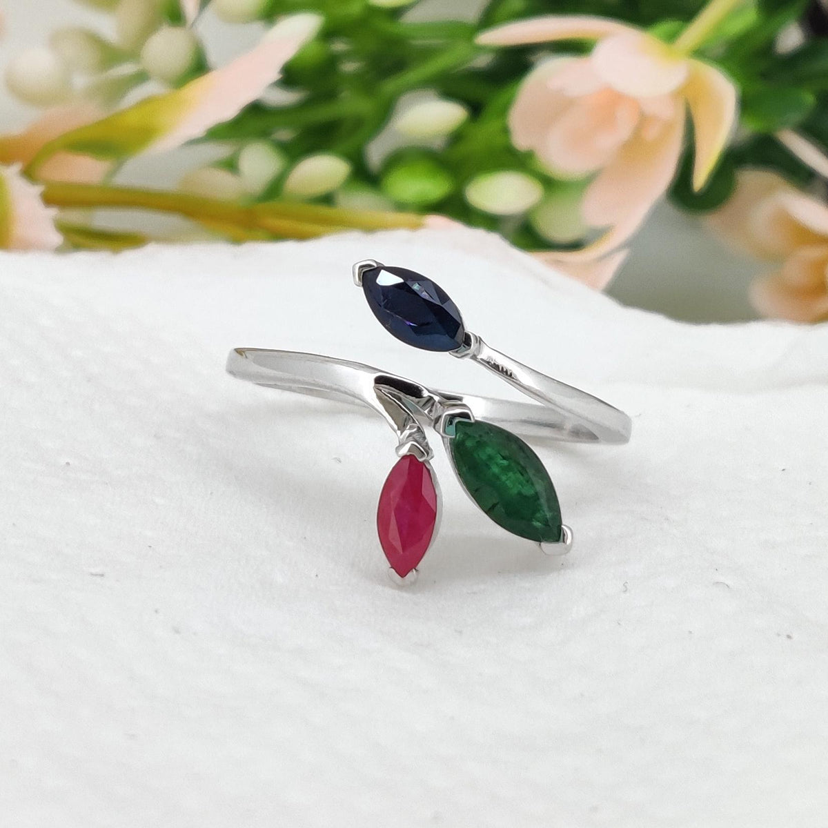 Sterling Silver Marquise Gemstone Ring, Ruby Emerald Sapphire Three Stone Open Ring