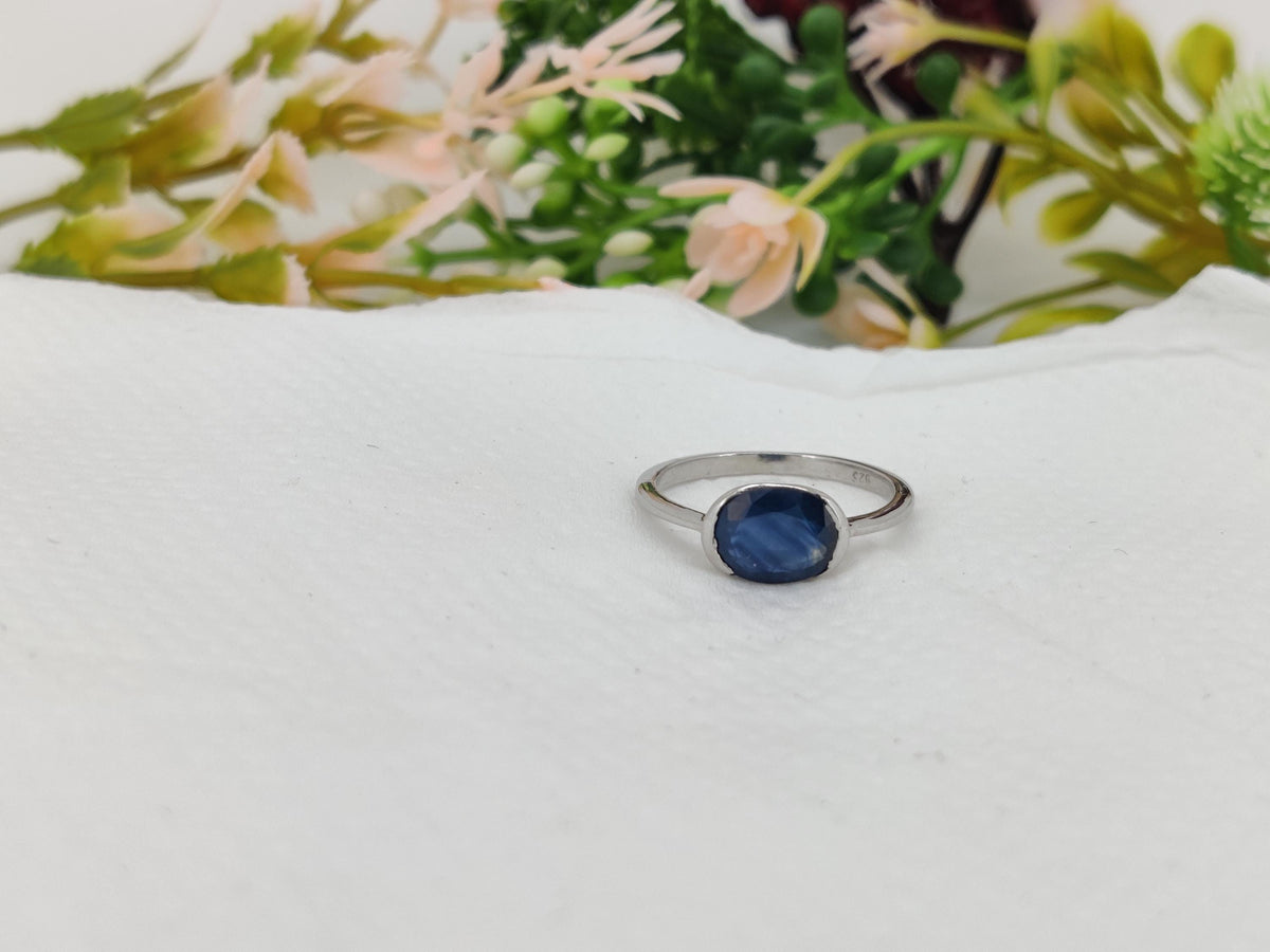 Oval Blue Sapphire Bezel Set Ring, Sterling Silver, September Birthstone, Minimalist Jewelry