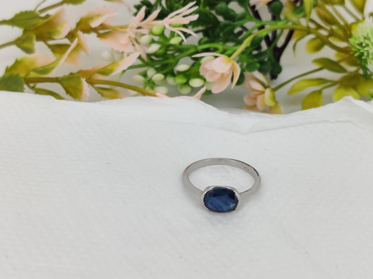 Oval Blue Sapphire Bezel Set Ring, Sterling Silver, September Birthstone, Minimalist Jewelry