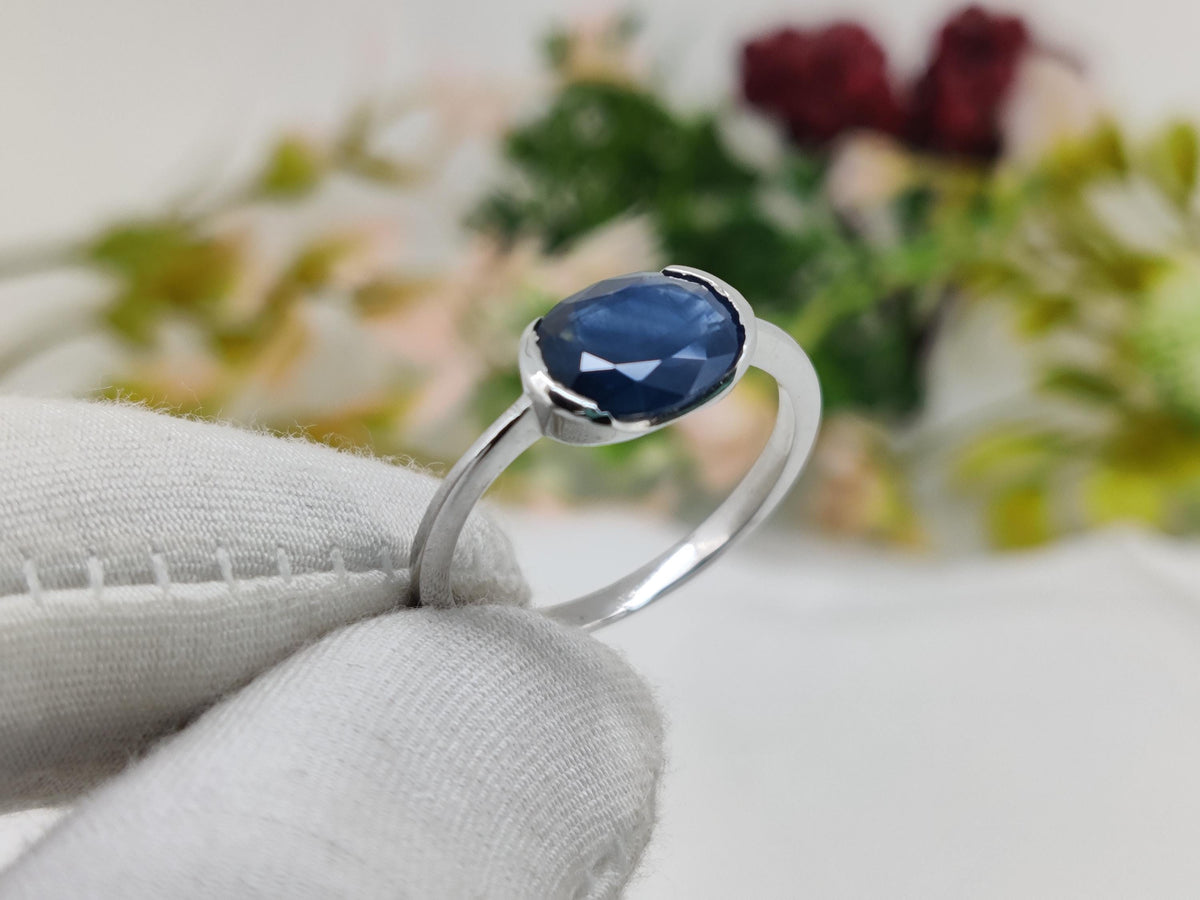 Oval Blue Sapphire Bezel Set Ring, Sterling Silver, September Birthstone, Minimalist Jewelry