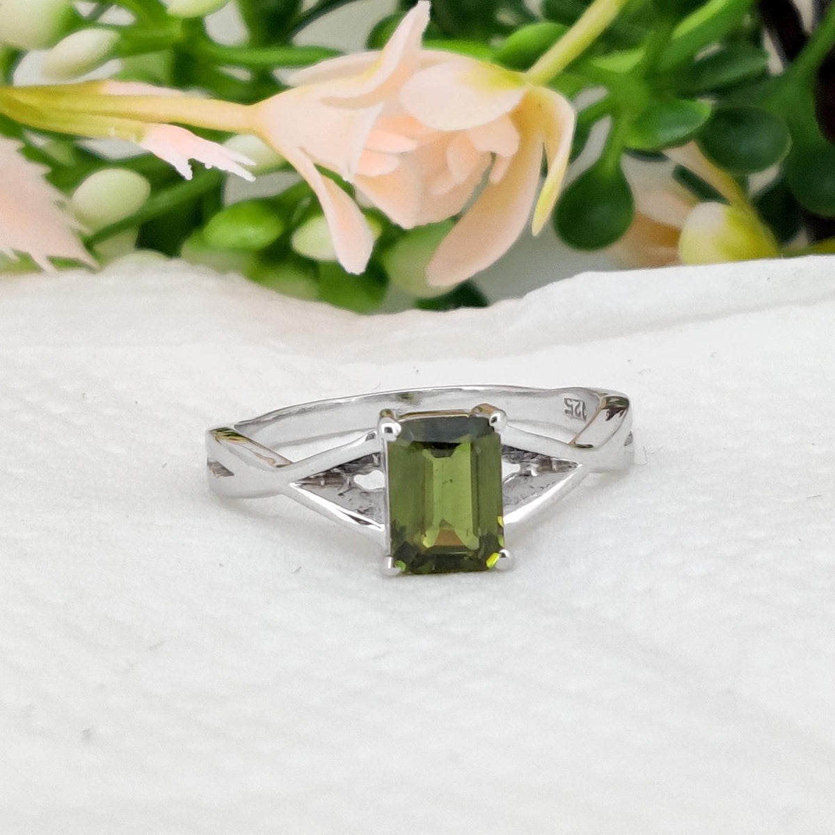 Green Sapphire Ring, Octagon Cut, Sterling Silver Promise Ring