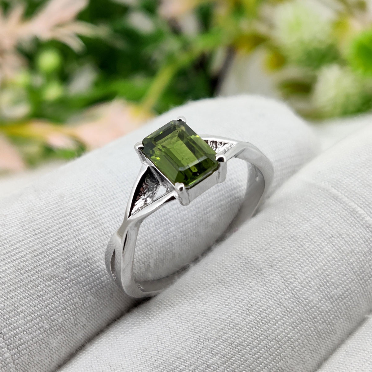 Green Sapphire Ring, Octagon Cut, Sterling Silver Promise Ring