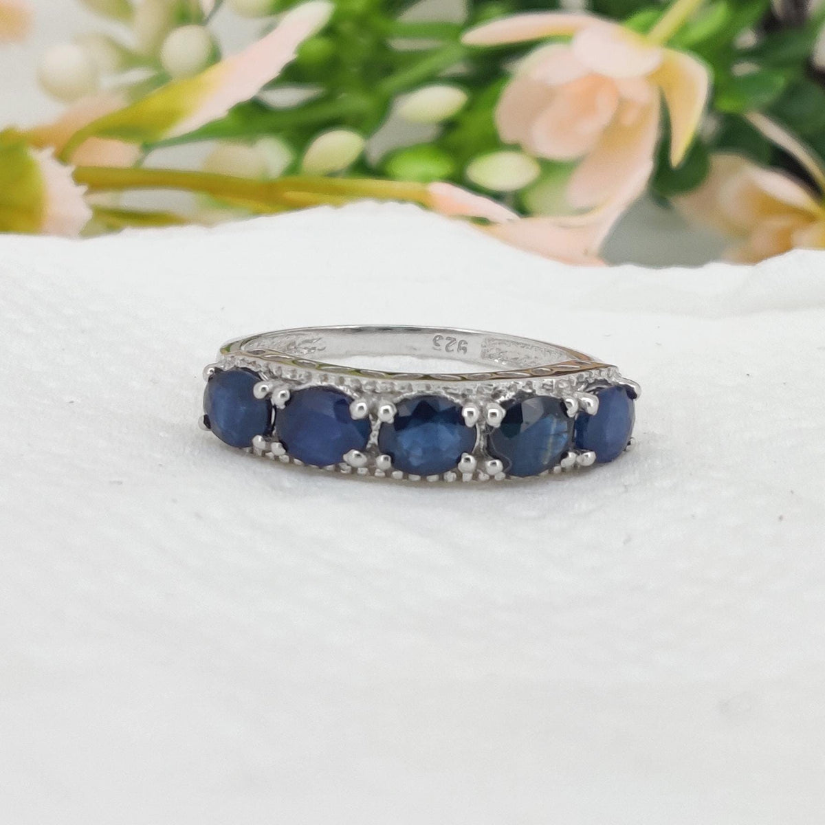 Blue Sapphire Sterling Silver Band Ring, Oval Sapphire Half Eternity, Handmade Jewelry