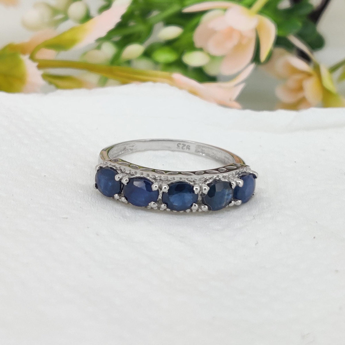 Blue Sapphire Sterling Silver Band Ring, Oval Sapphire Half Eternity, Handmade Jewelry