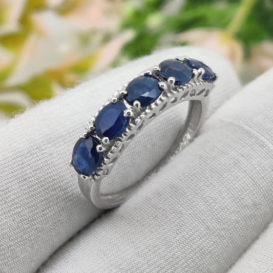 Blue Sapphire Sterling Silver Band Ring, Oval Sapphire Half Eternity, Handmade Jewelry