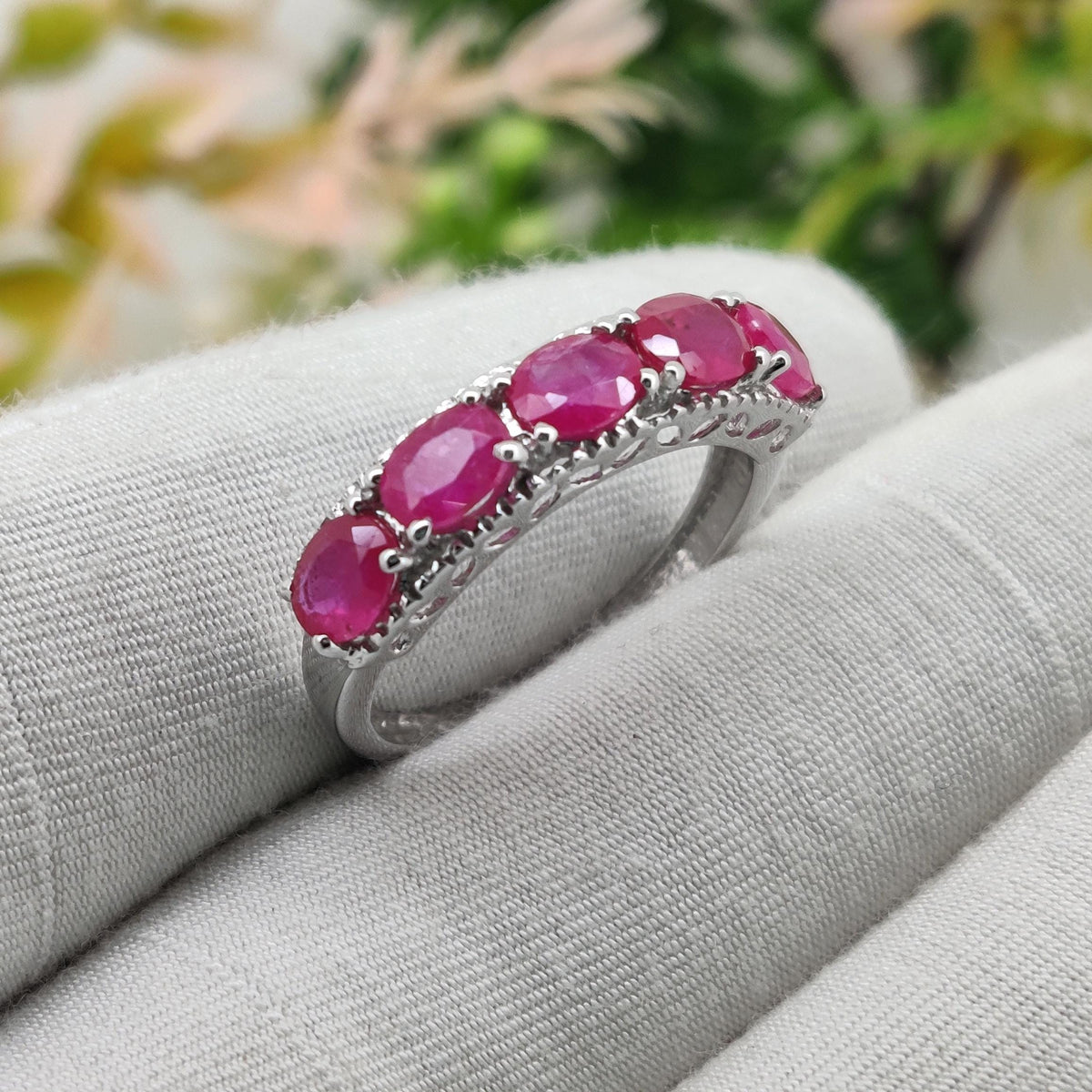 Natural Ruby Half Band Ring, Handmade Silver Gemstone, July Birthstone, Jewelry For Gift