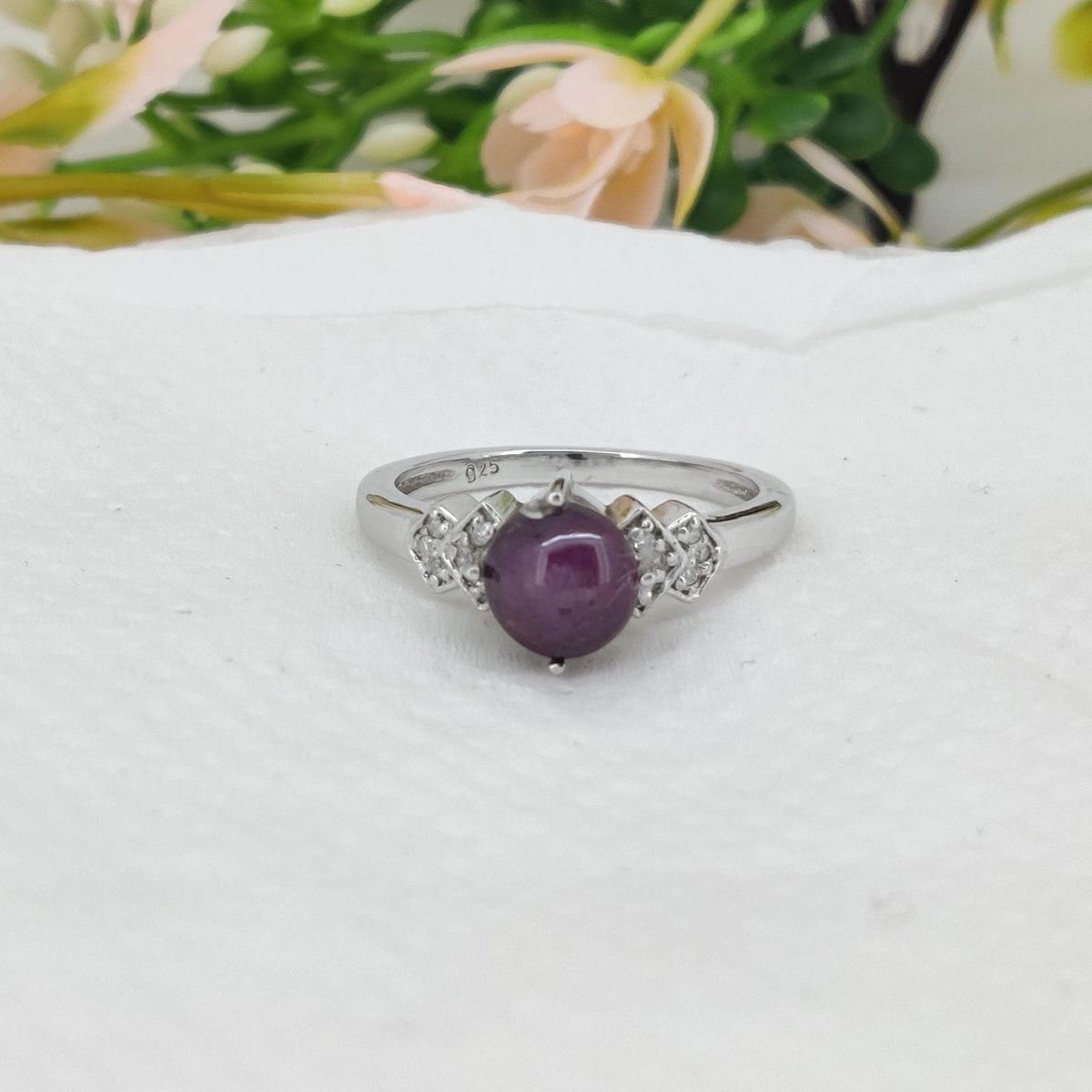 Star Ruby Ring, Sterling Silver, Minimalist Natural Gemstone Band, Dainty Cabs Jewelry, Birthday Gift