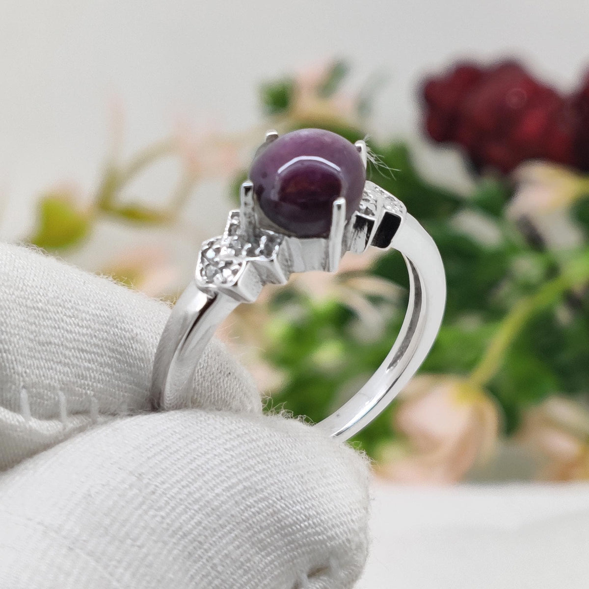 Star Ruby Ring, Sterling Silver, Minimalist Natural Gemstone Band, Dainty Cabs Jewelry, Birthday Gift