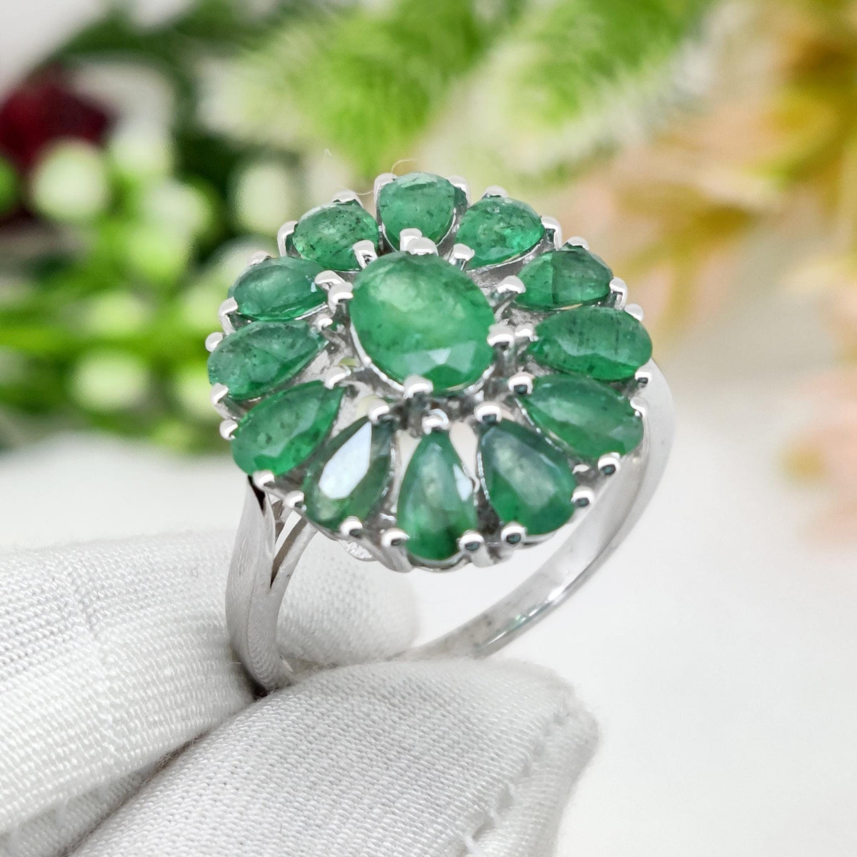 Natural Emerald Ring, 925 Sterling Silver, Handmade Green Oval Gemstone, Flower Emerald  Jewelry Gifts