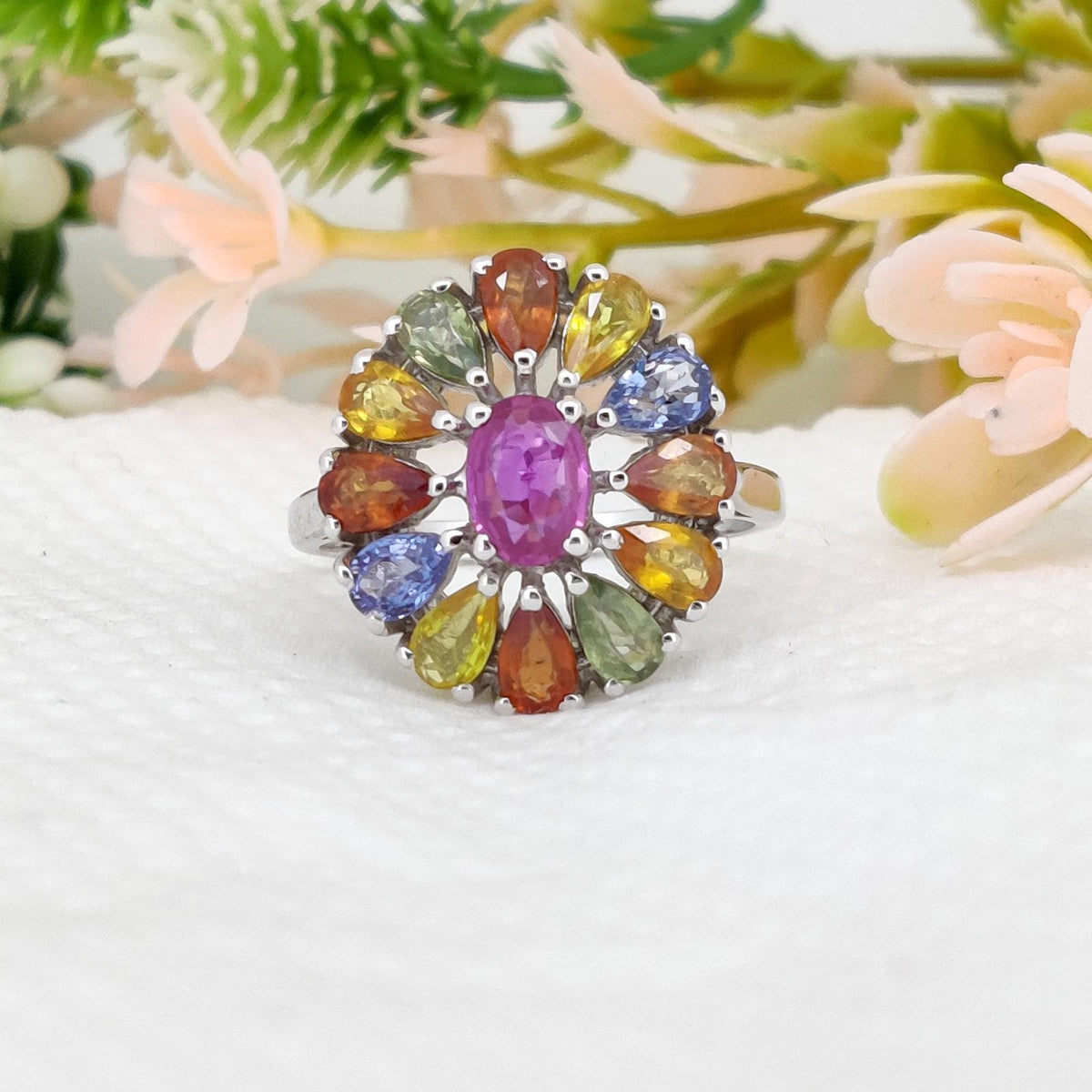 Oval Multi Sapphire Ring, 925 Sterling Silver, September Birthstone