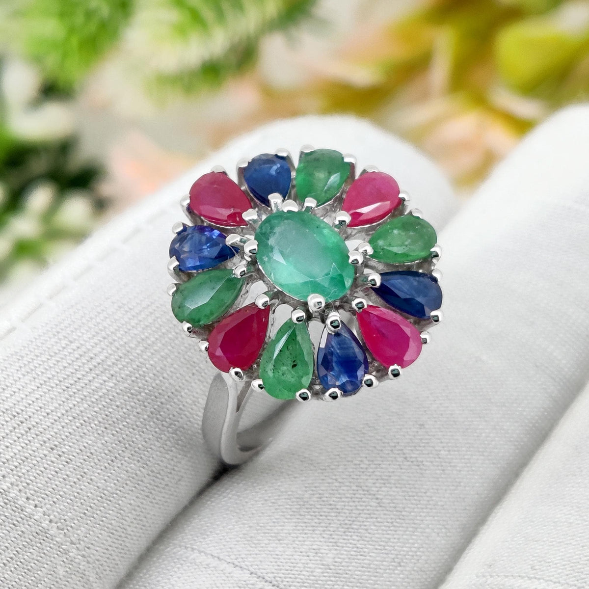 Natural Ruby Emerald Sapphire Ring, 925 Sterling Silver, Multi Stone Jewelry, Handmade Gemstone Birthday