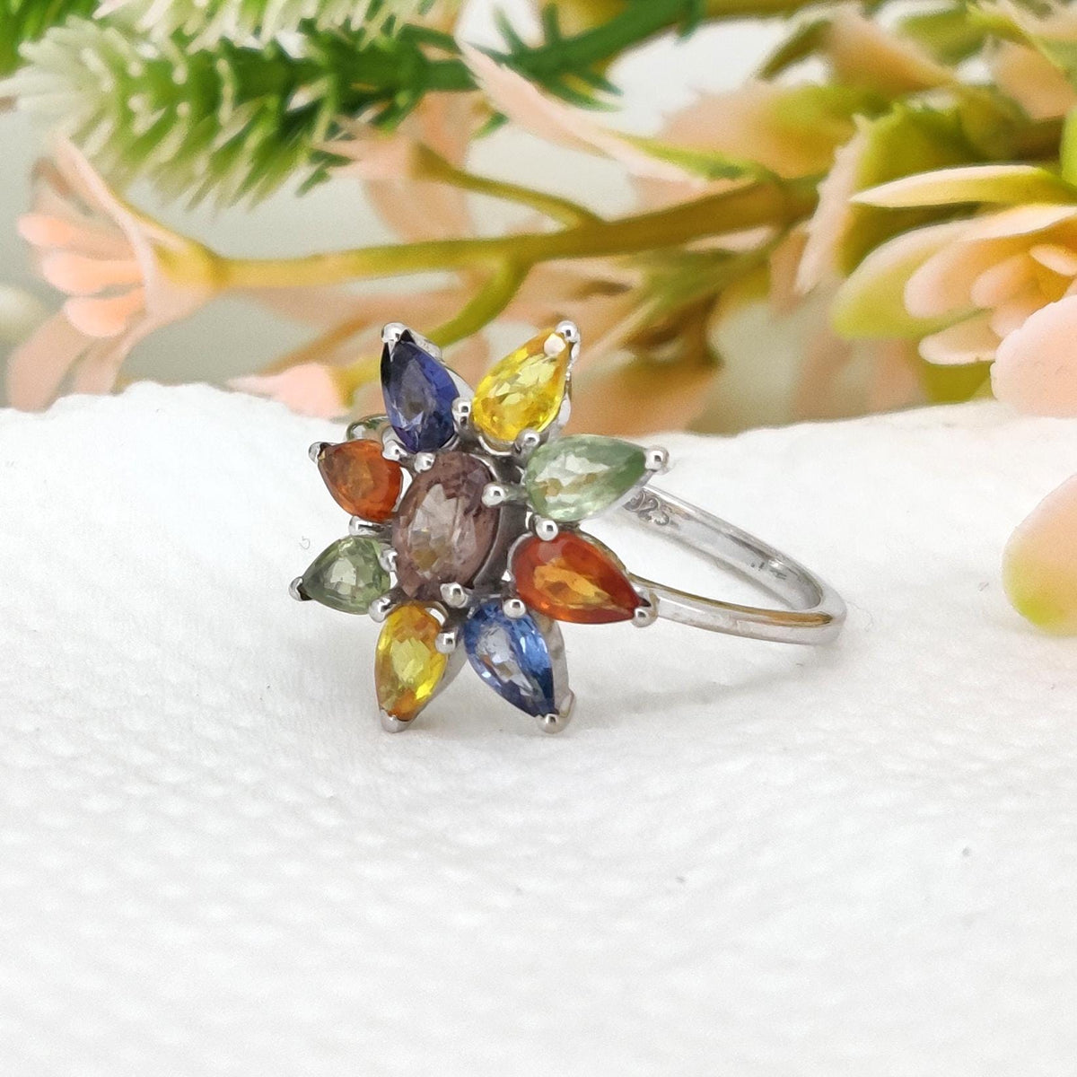 Multi Sapphire Silver Ring, Colorful Sapphire Band Jewelry, Handmade September Birthstone Gift