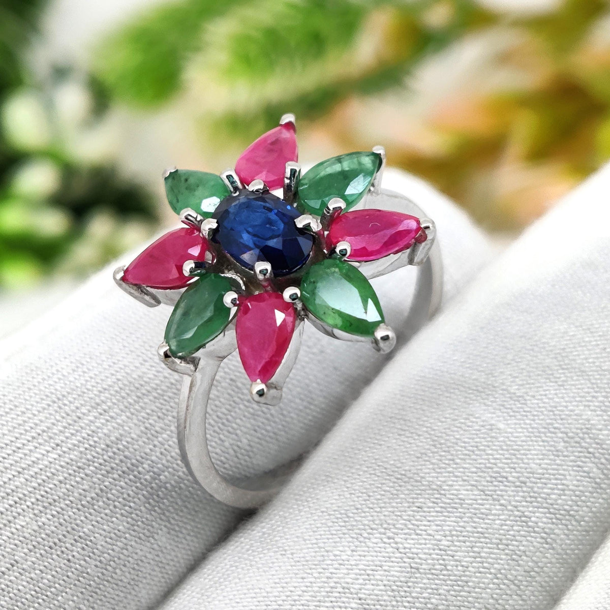 Multi Stone Ring, Ruby Emerald Sapphire Ring, Sterling Silver Band, Birthstone Gift