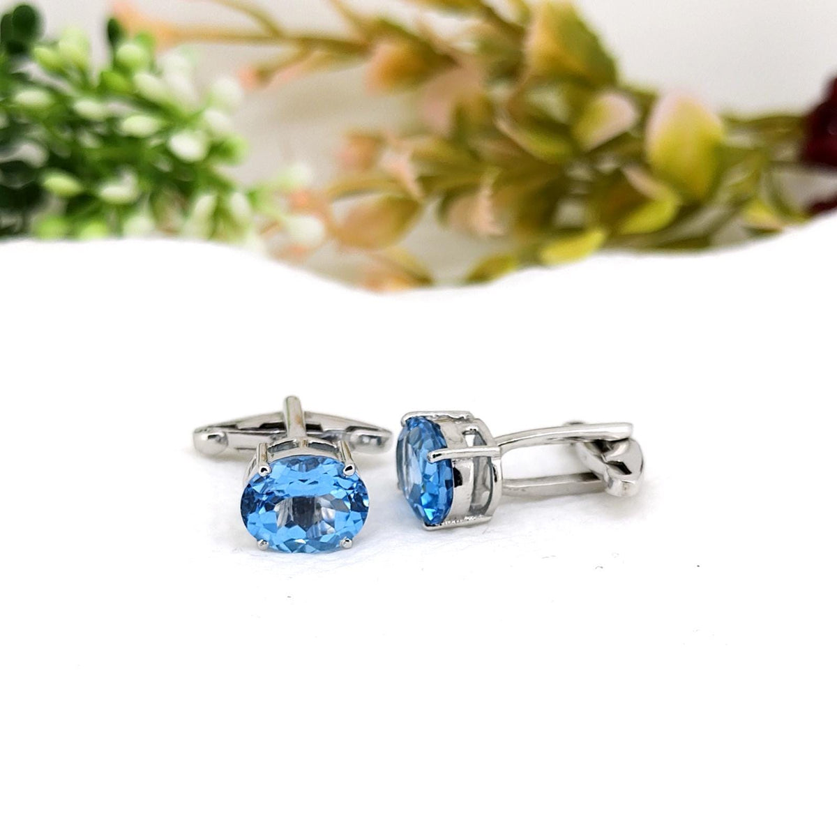 Handmade Swiss Blue Topaz Cufflinks, Sterling Silver Oval Gemstone