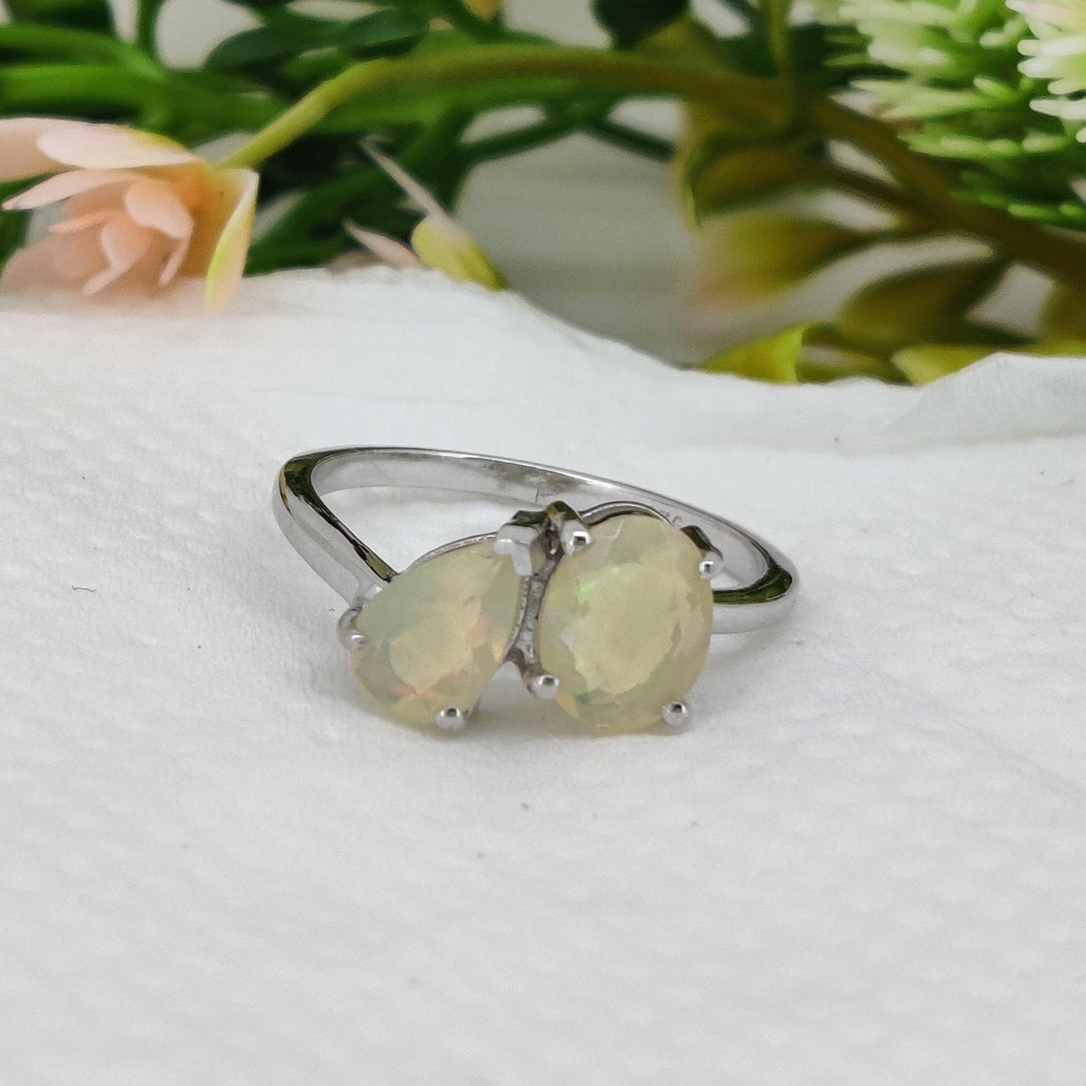 Ethiopian Opal Two Stone Ring, 925 Sterling Silver, October Birthstone