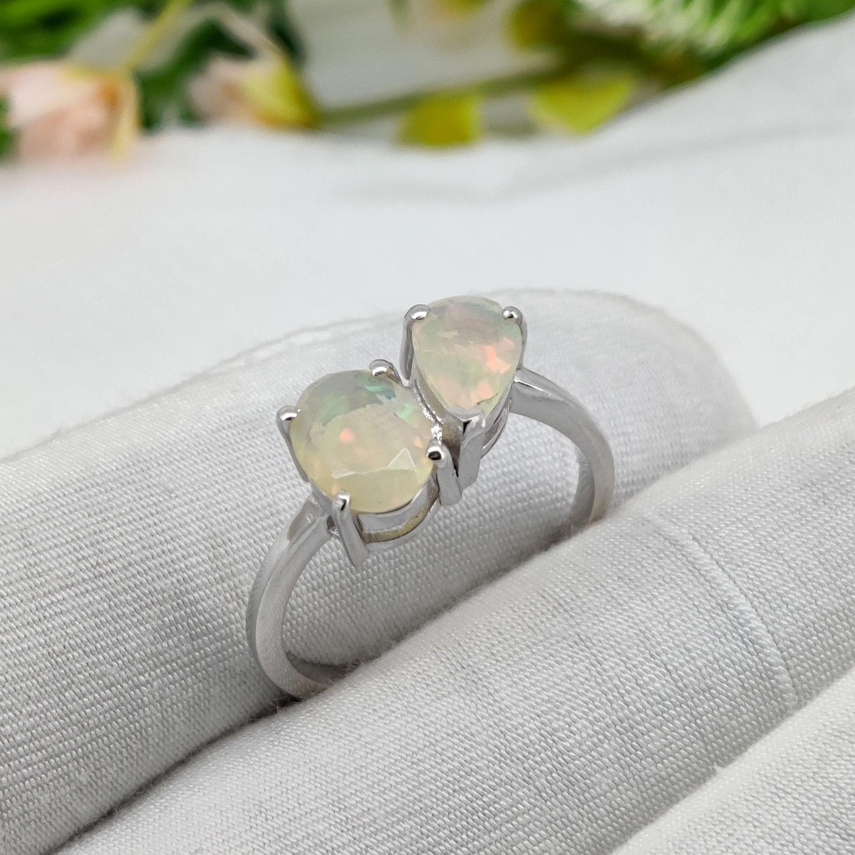 Ethiopian Opal Two Stone Ring, 925 Sterling Silver, October Birthstone