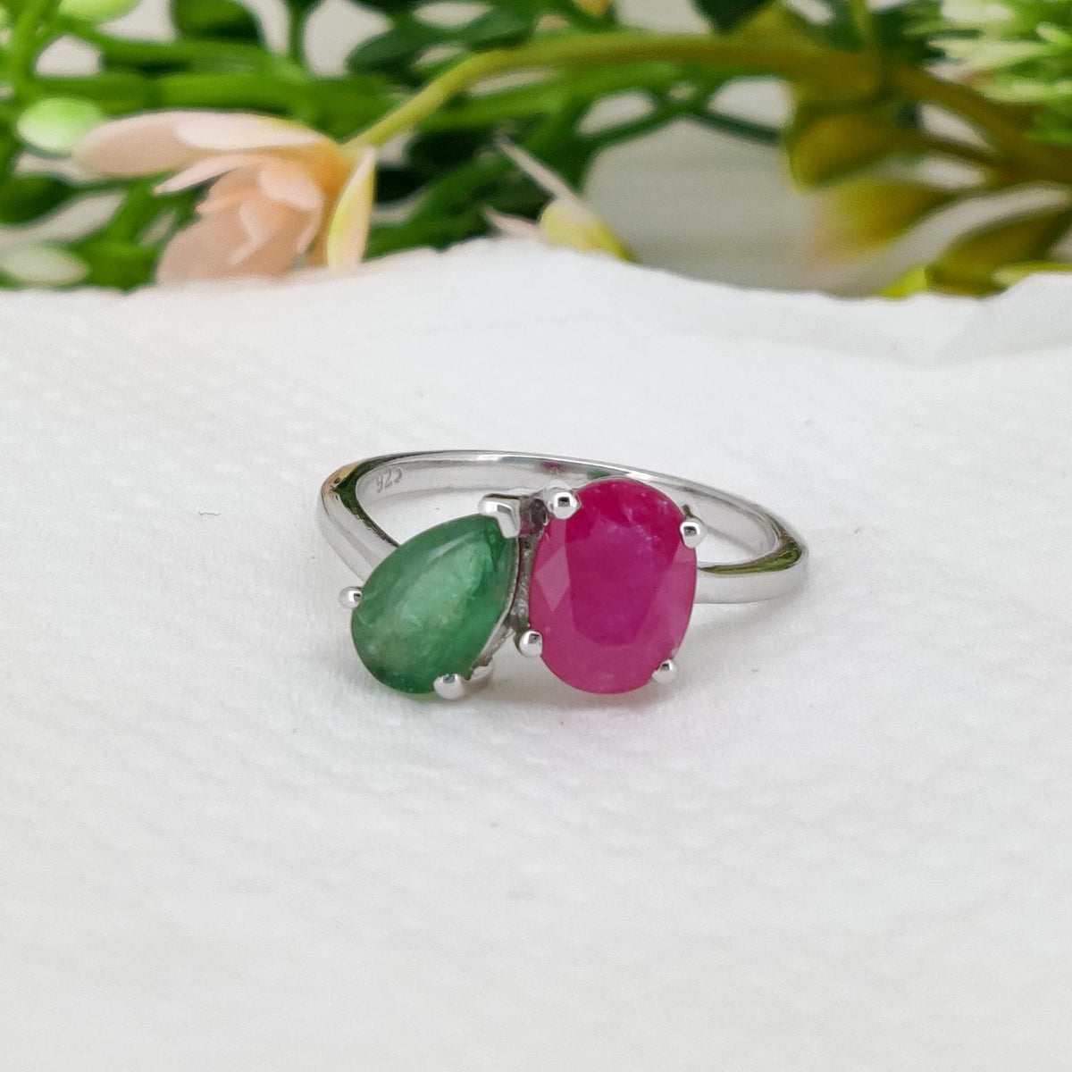 Natural Ruby & Emerald Ring, Sterling Silver Ring , Minimalist Gemstone Band, Birthstone Jewelry