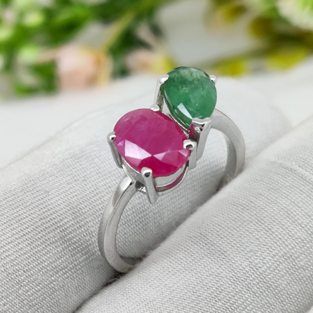Natural Ruby & Emerald Ring, Sterling Silver Ring , Minimalist Gemstone Band, Birthstone Jewelry