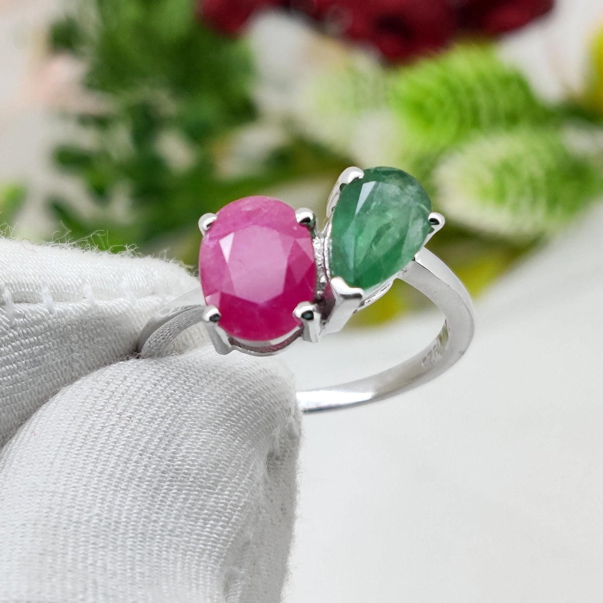 Natural Ruby & Emerald Ring, Sterling Silver Ring , Minimalist Gemstone Band, Birthstone Jewelry