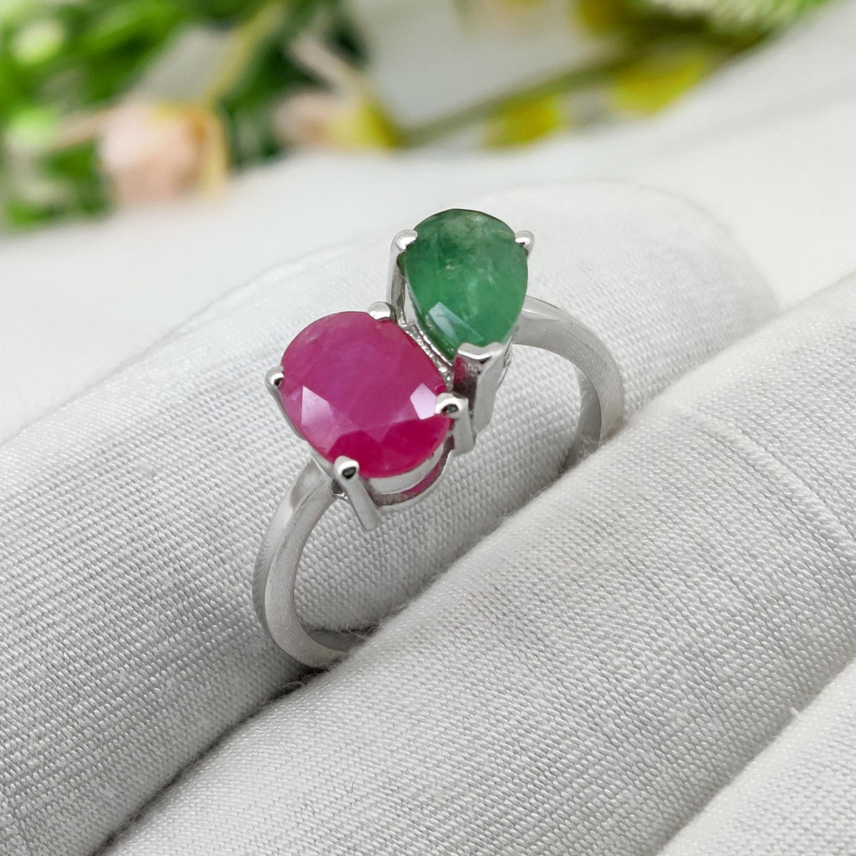 Natural Ruby & Emerald Ring, Sterling Silver Ring , Minimalist Gemstone Band, Birthstone Jewelry