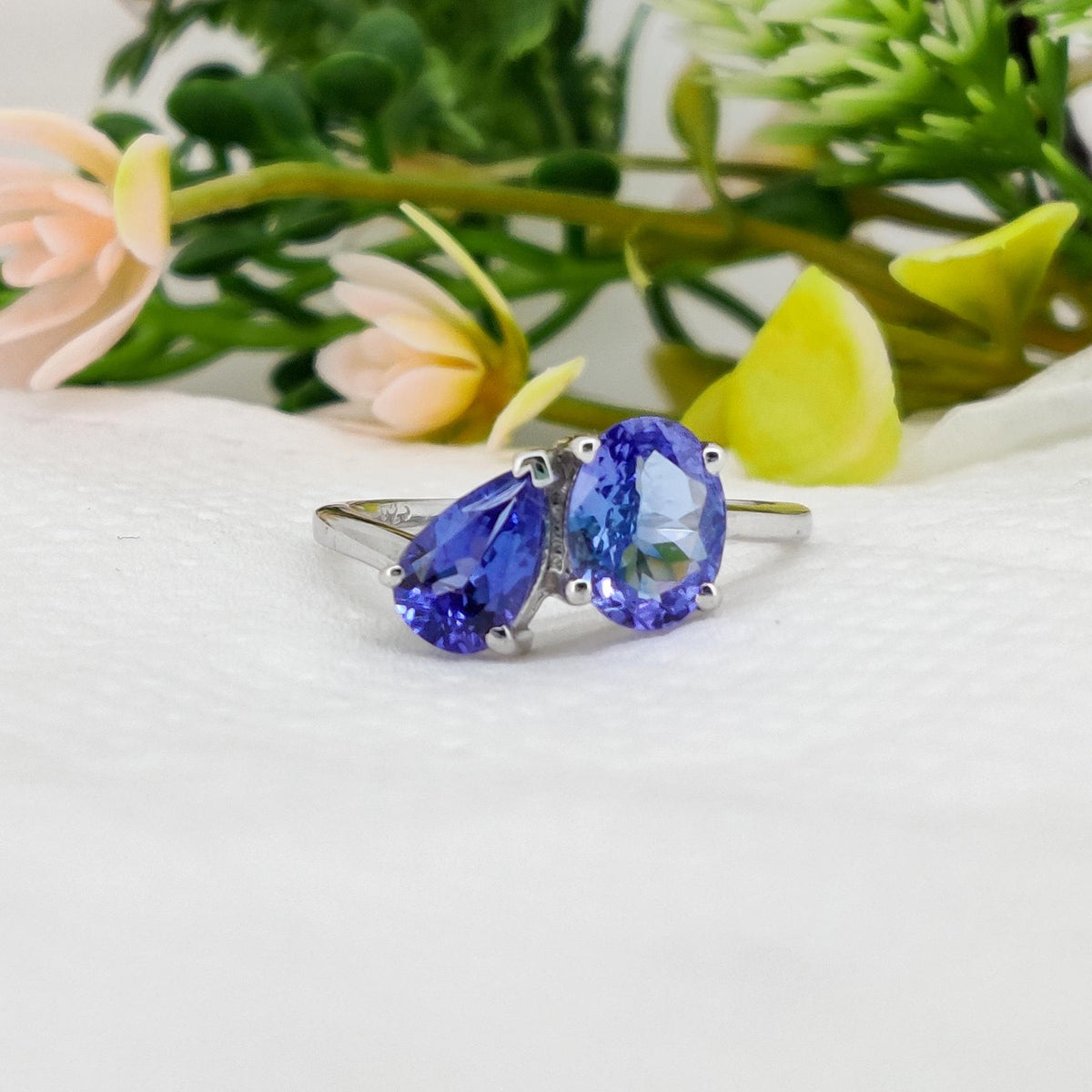 Natural Tanzanite Two Stone Ring, 925 Sterling Silver, December Birthstone
