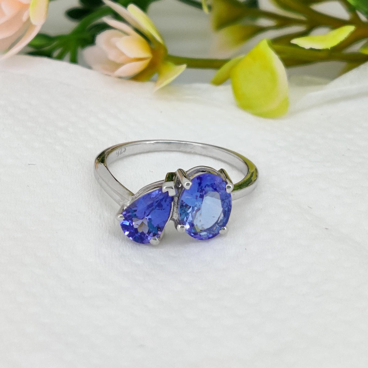 Natural Tanzanite Two Stone Ring, 925 Sterling Silver, December Birthstone