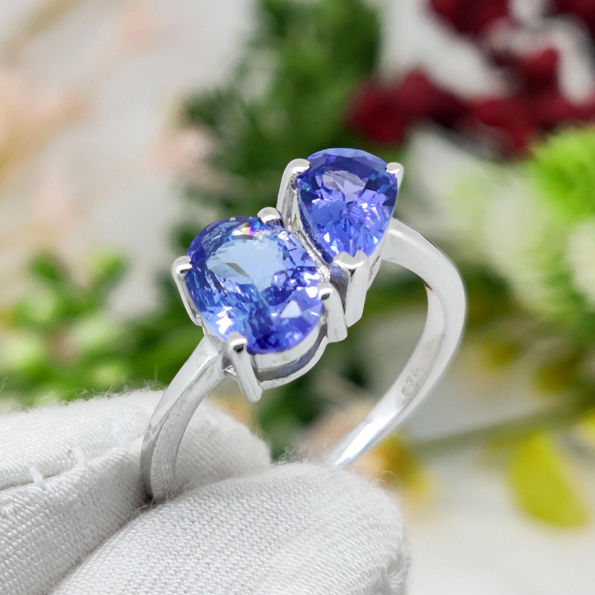Natural Tanzanite Two Stone Ring, 925 Sterling Silver, December Birthstone