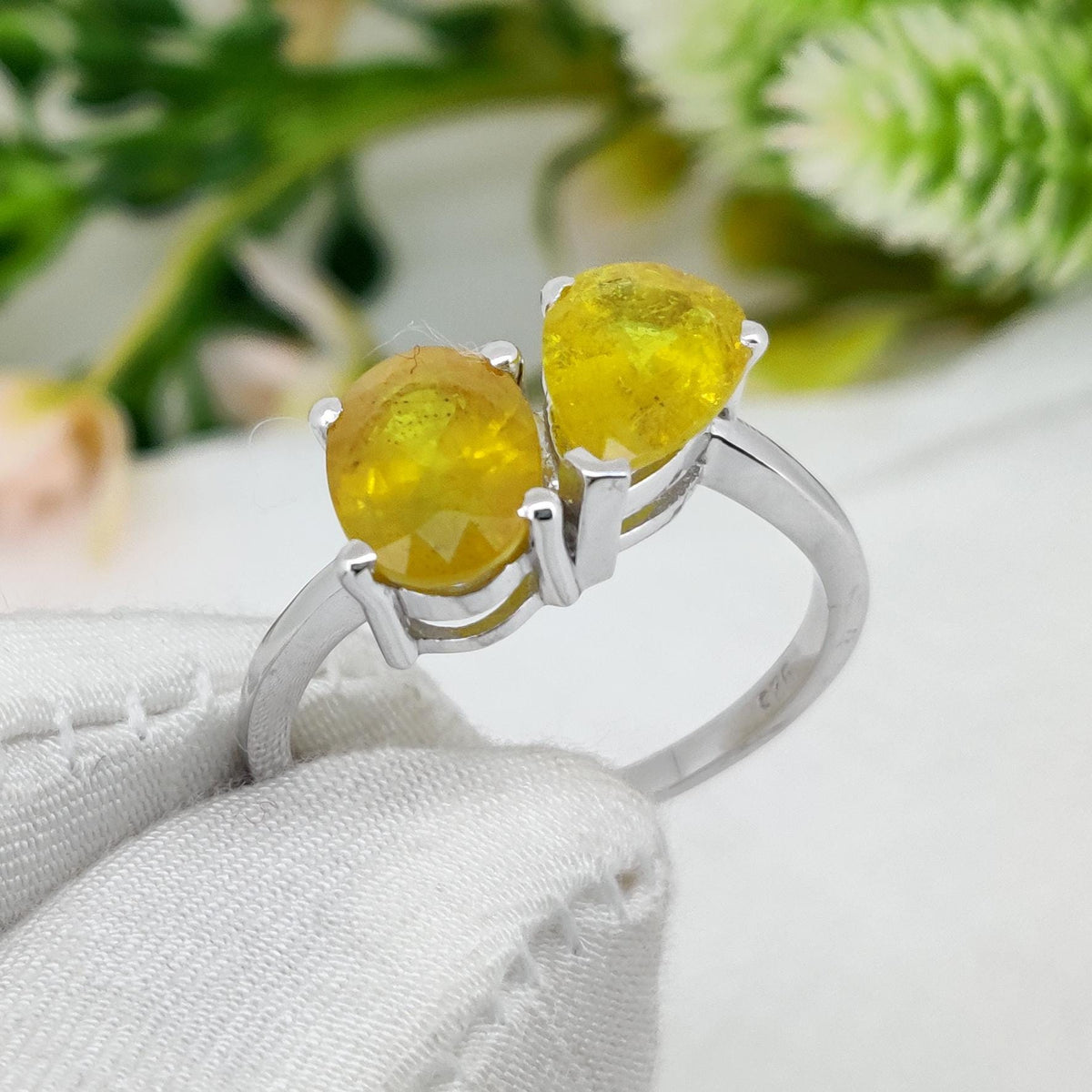 Yellow Sapphire Ring, 925 Sterling Silver Two Stone Ring, September Birthstone