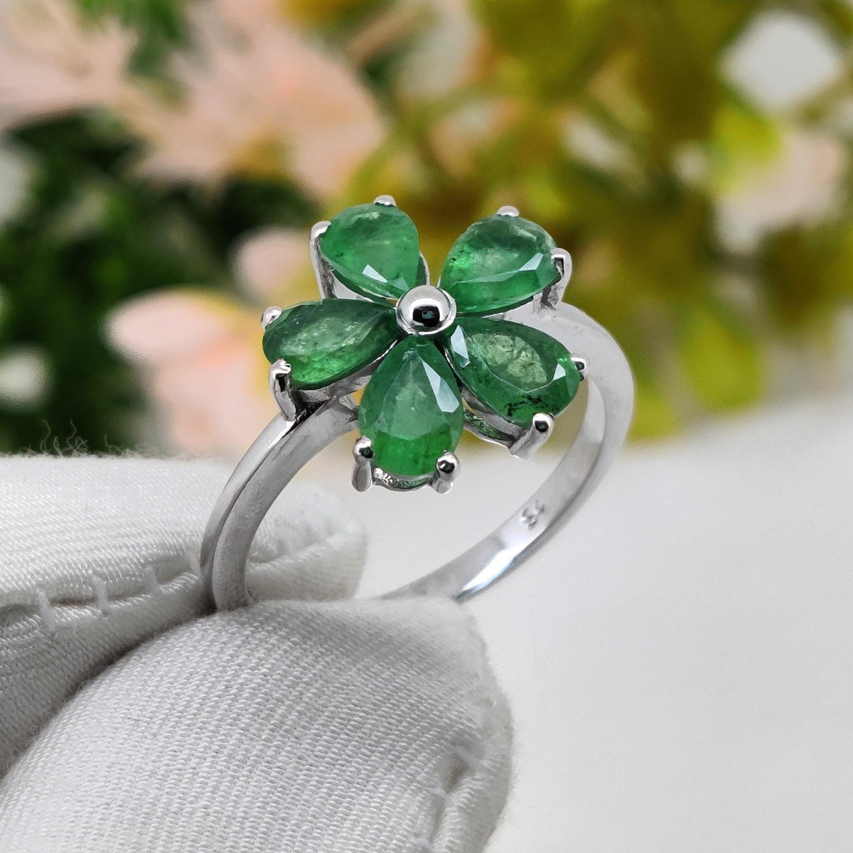 Emerald Gemstone Ring, 925 Sterling Silver, May Birthstone, Handmade Flower Jewelry