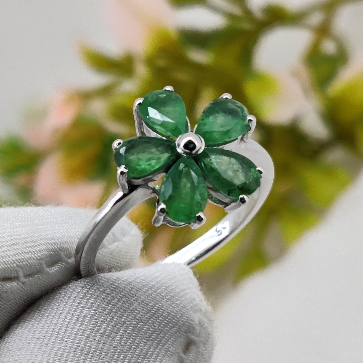 Emerald Gemstone Ring, 925 Sterling Silver, May Birthstone, Handmade Flower Jewelry