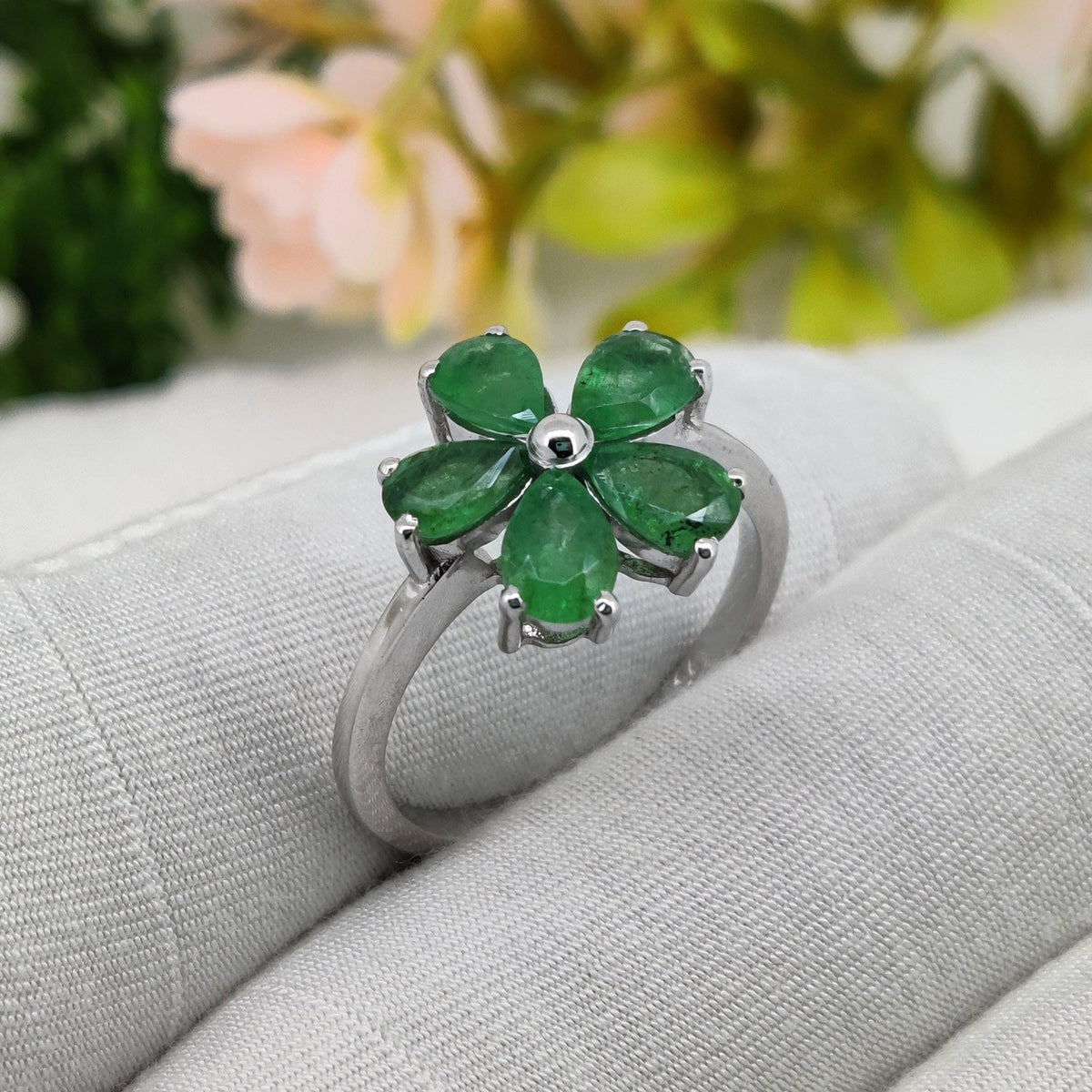 Emerald Gemstone Ring, 925 Sterling Silver, May Birthstone, Handmade Flower Jewelry