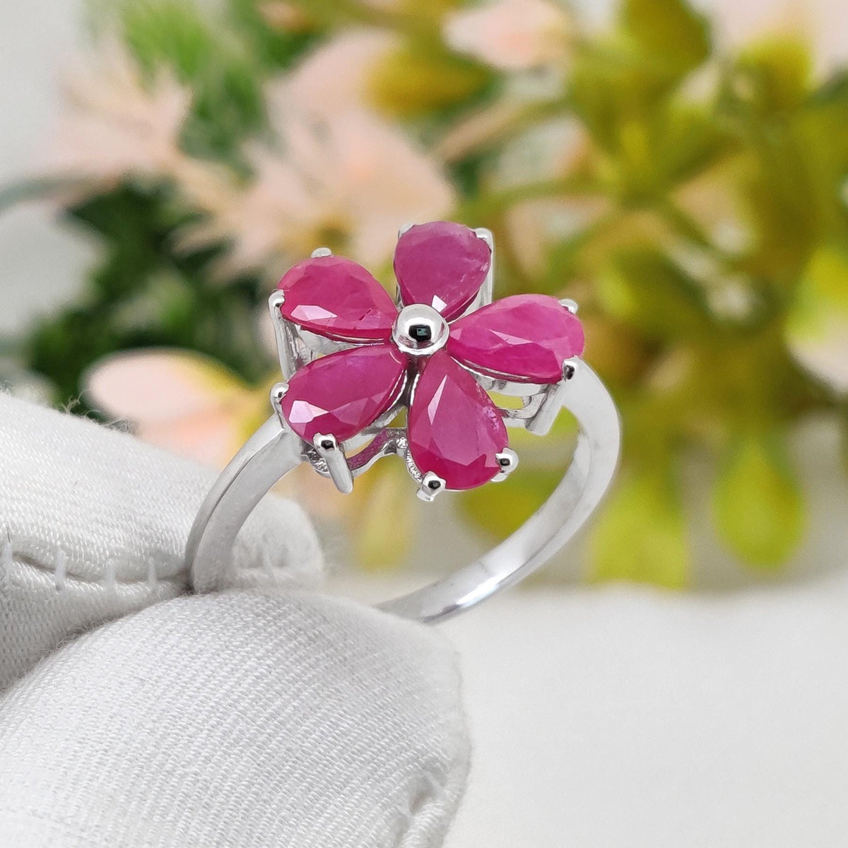 Ruby Gemstone Ring, 925 Sterling Silver, July Birthstone, Handmade Flower Jewelry