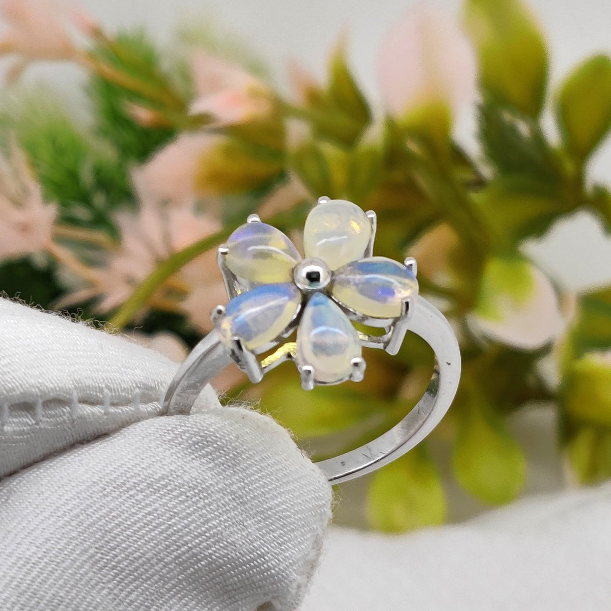 Ethiopian Opal Flower Ring, 925 Sterling Silver, October Birthstone, Handmade Cabochon Jewelry