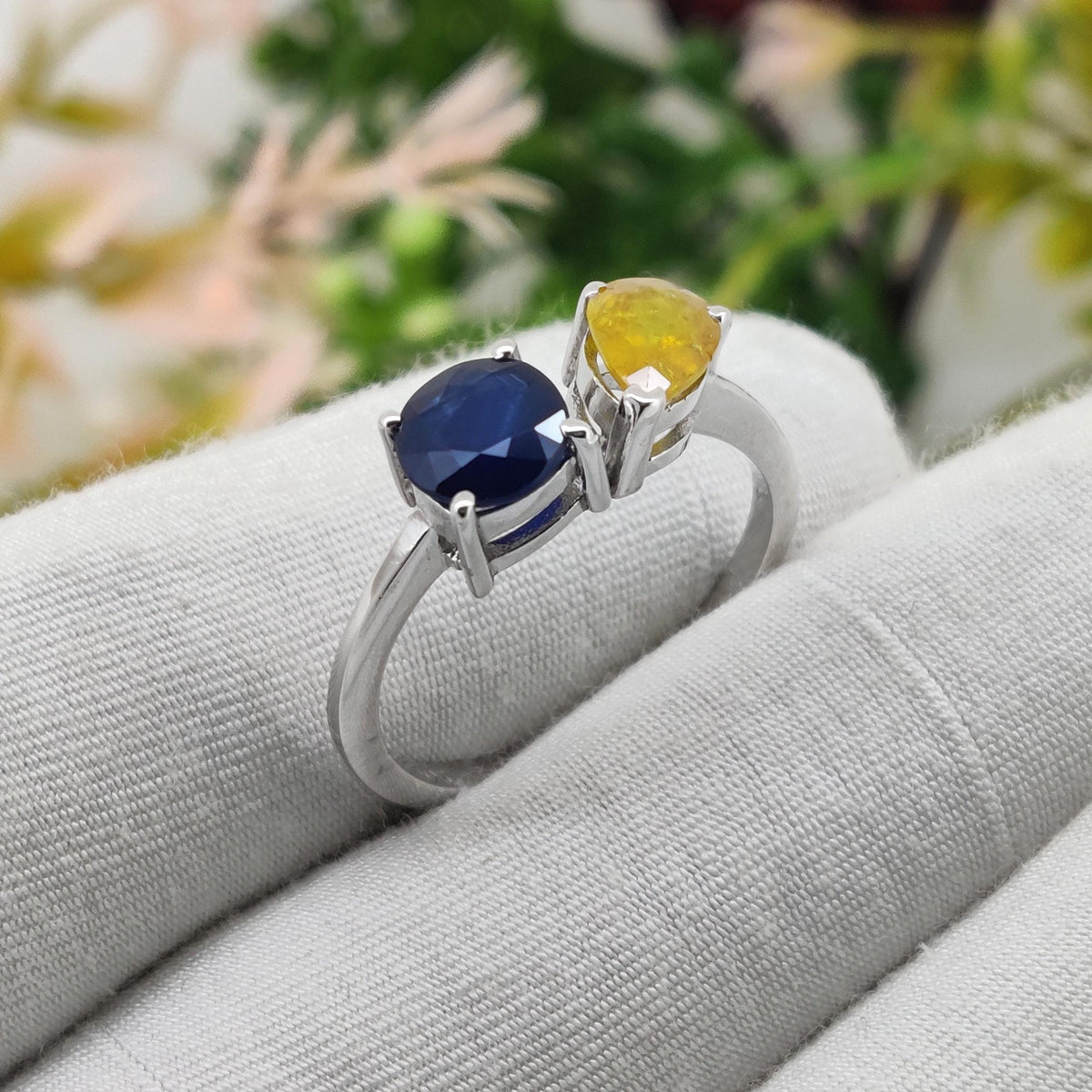 Handmade Multi Sapphire Sterling Silver Ring, Unique Two Stone Wedding Band