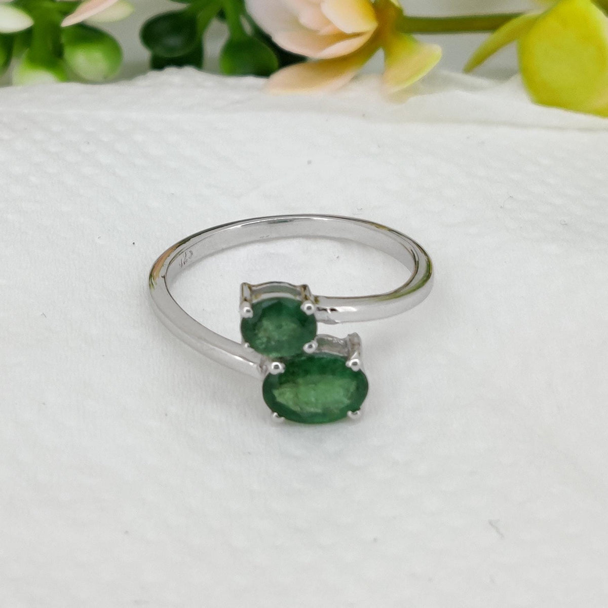 Natural Emerald Sterling Silver Double Stone Ring, May Birthstone Jewelry