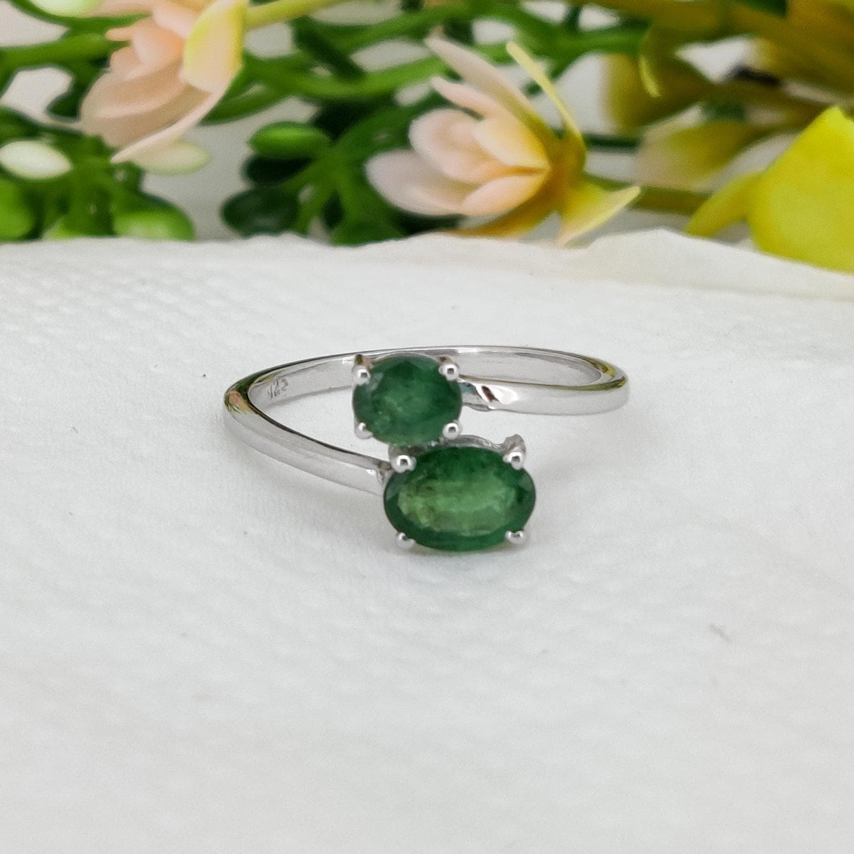 Natural Emerald Sterling Silver Double Stone Ring, May Birthstone Jewelry